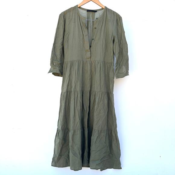 Jenni Kayne James Tiered A-Line Henley Long Sleeve Cotton Dress Moss Green XS - Picture 2 of 8